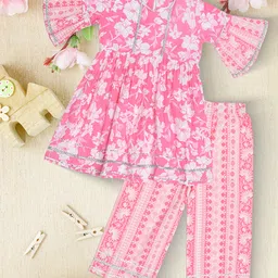 Bella Moda Cotton Woven Half Bell Sleeves Floral Printed Gota Lace Embellished Kurti & Salwar Set - Pink-image-87