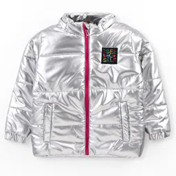 Bonfino Full Sleeve Hooded Puffer Jacket with Holographic Effect & Patch Detailing - Silver image 2