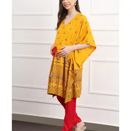 Zelena Half Batwing Sleeves Floral Motif Printed Maternity Kaftan Set With Concealed Zipper Nursing Access - Yellow image 4