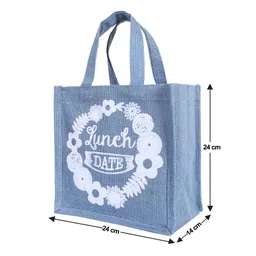 Kuber Industries Lunch BagReusable Jute Fabric Tote BagLunch Date Print Tiffin Carry Hand bag with Handle For office,School,Gift,Pack of 3,Gray, image 3