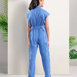 arias by lara dutta Arias 100% Cotton Twill Jumpsuit with Drop Shoulder Fit And Cross Stitch Embroidery - Blue image 4