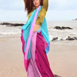 Chidiyaa Handwoven Cotton Blue Rainbow Saree-image-8