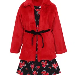 Cutecumber Kids Red & Black Floral Print Dress, Shrug with Belt image 1