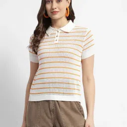 MADAME Orange Cotton Striped Polo T-Shirt-image-16