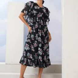 Selvia Women's Floral Print Flared Sleeve Fit & Flare Midi Dress image 3