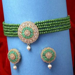 Zeneme Green Gold Plated AD Studded Beaded Jewellery Set-picture-0