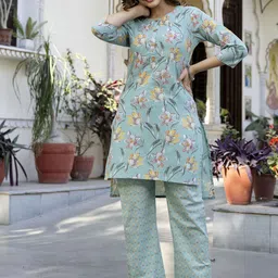 EthniFlair Floral Printed Pure Cotton Straight Kurta With Trousers-picture-38