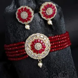 Zeneme Gold Plated Red Stone Studded Multistrand Choker Earrings Set-picture-26
