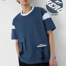 The Souled Store Blue Cotton Solid Relaxed Fit T-Shirt-picture-43