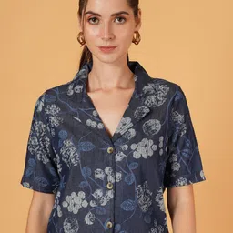 IX IMPRESSION Floral Print Cotton Denim Shirt Style Crop Top-image-31