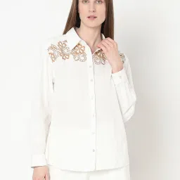 Vero Moda White & Brown Cotton Embroidered Shirt image 2