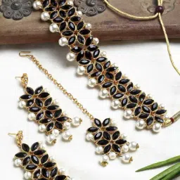 Zeneme Gold Plated Black White Stone Studded Beaded Jewellery Set-image-37
