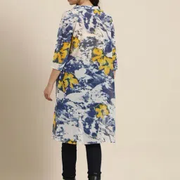 Qurvii Navy & Yellow Floral Print Long Shrug image 2