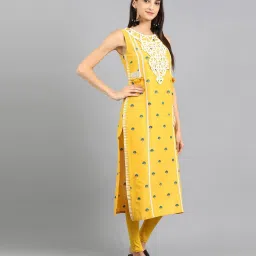 W Yellow Cotton Printed Straight Kurta image 4