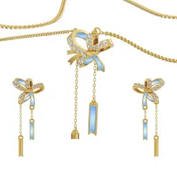 EMORI 18k (750) Yellow Gold Charming Bow Tassel Diamond Necklace & Earring Set-picture-28