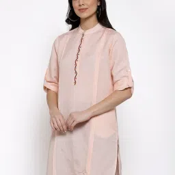 DART STUDIO Peach Linen Embroidered Straight Kurta image 3