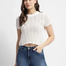 MADAME Off White Cotton Self Design Crop Top-picture-15