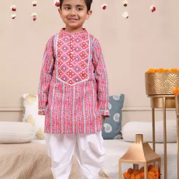 Budding Bees Boys Pink & White Printed Full Sleeves Kurta with Dhoti-picture-0