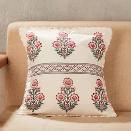 Fabindia Nazm White & Red Floral Printed Cotton Square Cushion Cover-image-93