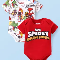 Babyhug Marvel Interlock Knit Half Sleeves Onesies With Spiderman Graphics Pack Of 2 - White & Red-image-55