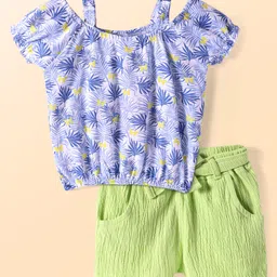 Babyhug Single Jersey Knit Half Cold Shoulder Sleeves Top & Shorts Set With Leaf Print - White & Green-picture-21