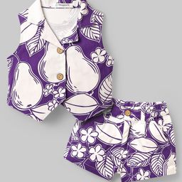 Ollington St. Woven Twill Floral & Fruit Printed Co-Ord Set Of Sleeveless Front Open Top & Shorts - White & Purple-picture-43