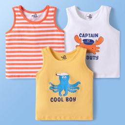 Doodle Poodle 100% Cotton Sleeveless Vests With Stripes & Sea Life Print Pack of 3 - Orange White & Yellow-picture-35