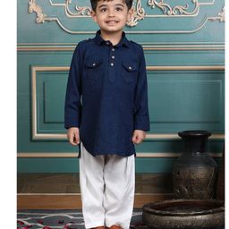 Polka Tots Cotton Full Sleeves Solid Pathani Style Kurta & Pyjama Set - Blue-picture-35