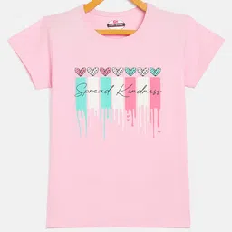 Fort Divine Cotton Lycra Knit Half Sleeves Hearts Printed Tee - Pink-picture-14