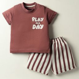 Zero Sinker Knit Half Sleeves T-Shirt & Shorts Set with Text Print & Stripes - Brown-picture-14