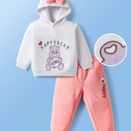 Mark & Mia Cotton Knit Full Sleeves Hooded Sweatshirt & Joggers with Bear Print & Bow Detailing - Pink & White-picture-32