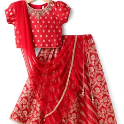 Babyhug Brocade Woven Half Sleeves Choli Lehenga & Dupatta Set With Floral Print - Red-picture-26