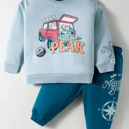 CUCUMBER Terry Knit Full Sleeves T-Shirt & Joggers Set with Vehicle Print - Light Blue-picture-13