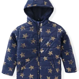 Pine Kids Woven Full Sleeves Front Open Padded Hooded Jacket with Foil Star Print - Navy Blue image 2