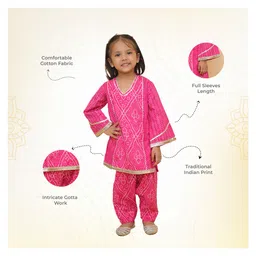 Little Ginnie Cotton Woven Full Bell Sleeves Floral Bandhani Printed & Gota Lace Embellished Kurta & Pant Set - Pink image 3