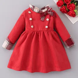 Mark & Mia Full Sleeves Winter Frock With Bow Applique - Red image 2