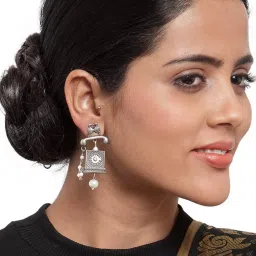 Panash Oxidized Silver Plated Off White Square Drop Earrings image 2