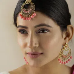 Priyaasi Pink Kundan Stone Studded Earring & Maangtikka Set image 2