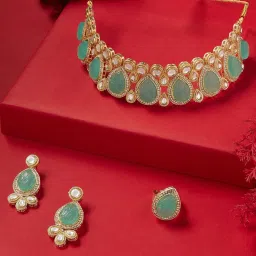 Zaveri Pearls Turquoise Blue Kundan & Stones Choker Necklace Earring & Ring Set-ZPFK16182 image 2