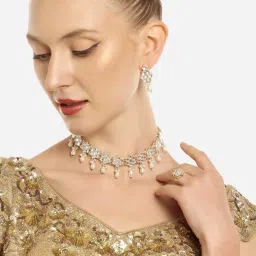 Zaveri Pearls Gold Tone Kundan & Beads Choker Necklace Earring & Ring Set-ZPFK16644 image 2