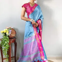 APNISHA Blue & Pink Woven Saree With Unstitched Blouse image 2