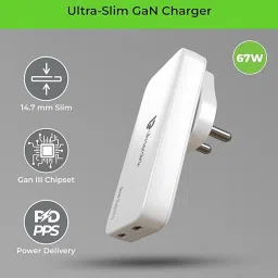 UltraProlink Boost Blade 67 |Ultra-Slim 67W GaN Travel Charger |2 USB C Ports|PD-PPS Fast Charger |For USB-C Laptops, MacBook Air,iPhone 16/15 series,Pixel & Galaxy Phones|with 67W cable|UM1200C|White image 2