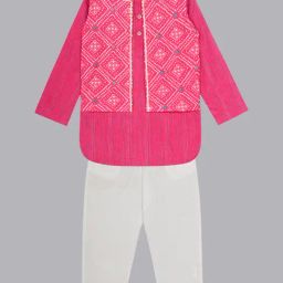 Budding Bees Boys Pink & White Printed Full Sleeves Kurta, Pyjamas & Nehru Jacket-picture-1
