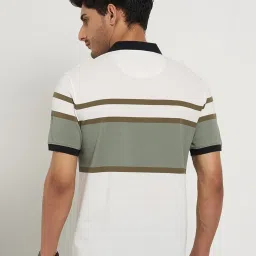 Peregrine By Pantaloons Bright White & Green Slim Fit Stripe Polo T-Shirt image 2