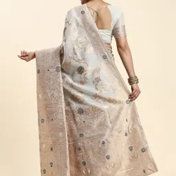JUST FASHION Grey Linen Woven Saree With Unstitched Blouse image 2