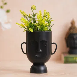 eCraftIndia Black & Green Plastic Human Face Shaped Vase with Artificial Plant image 2