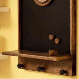 Ellementry Black & Brown Wood Wall Shelf with In-Time Notice Board & Clock - Set of 1 image 2