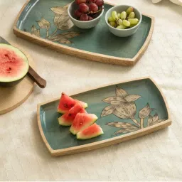 Ellementry Iris Teal Blue Wood Small Serving Platter - Set of 1 image 1