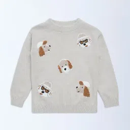HOP Kids by Westside Beige Animal Embroidered Cotton Sweater-image-22