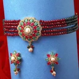 Zeneme Gold Plated Red Green AD Stone Studded Beaded Jewellery Set-picture-24